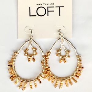 🆕 Silver LOFT Gold Seed Bead Fringe Teardrop Hoop Dangle Earrings NWT